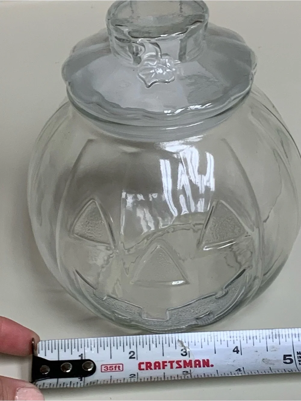 Vtg Clear Glass Jack O'Lantern Pumpkin Candy Jar w/ Lid 6.5